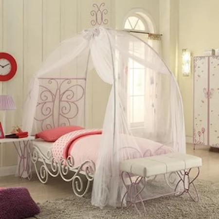 Metal Twin Canopy Bed with Butterfly Accents